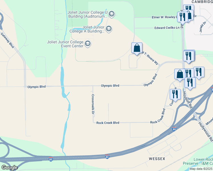map of restaurants, bars, coffee shops, grocery stores, and more near 4101 Olympic Boulevard in Joliet