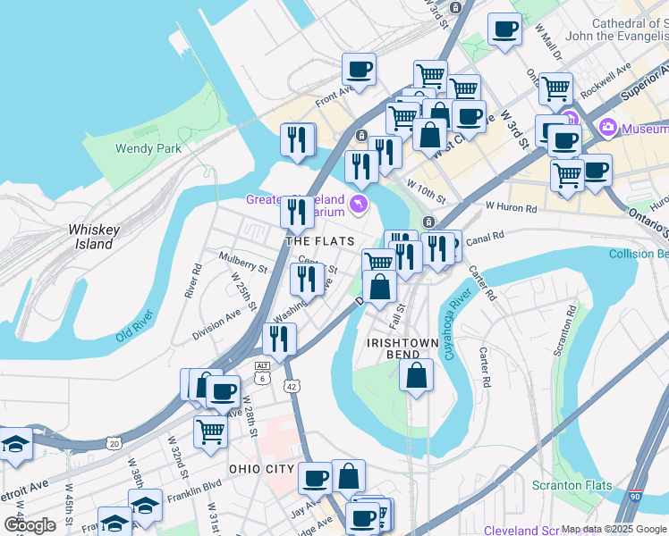 map of restaurants, bars, coffee shops, grocery stores, and more near 2019 Center Street in Cleveland
