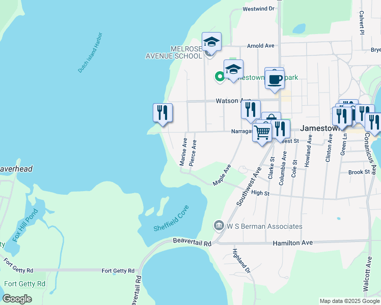 map of restaurants, bars, coffee shops, grocery stores, and more near 24 Pierce Avenue in Jamestown