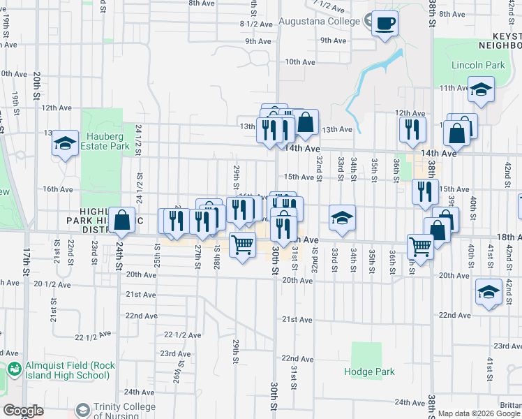 map of restaurants, bars, coffee shops, grocery stores, and more near 2915-2917 17th Avenue in Rock Island
