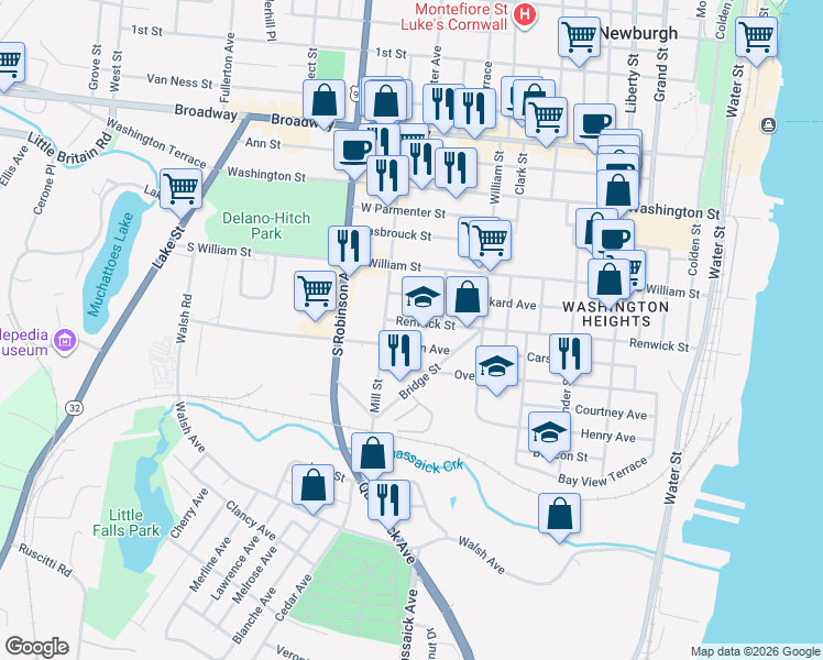 map of restaurants, bars, coffee shops, grocery stores, and more near 247 Renwick Street in Newburgh