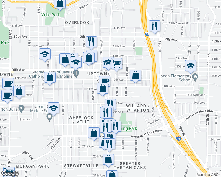 map of restaurants, bars, coffee shops, grocery stores, and more near 1804 16th Street in Moline