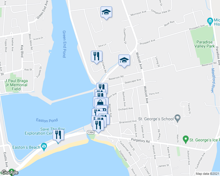 map of restaurants, bars, coffee shops, grocery stores, and more near 47 Seascape Avenue in Middletown