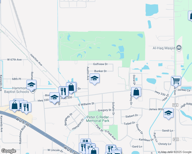 map of restaurants, bars, coffee shops, grocery stores, and more near 1427 Austin Avenue in Schererville