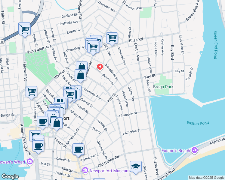 map of restaurants, bars, coffee shops, grocery stores, and more near 88 Kay Street in Newport