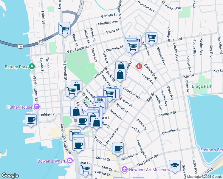 map of restaurants, bars, coffee shops, grocery stores, and more near 2 Pond Avenue in Newport