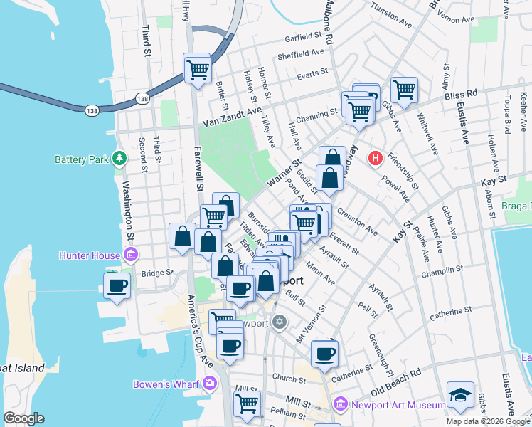 map of restaurants, bars, coffee shops, grocery stores, and more near 59 Burnside Avenue in Newport