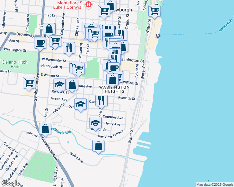map of restaurants, bars, coffee shops, grocery stores, and more near 85 Renwick Street in Newburgh