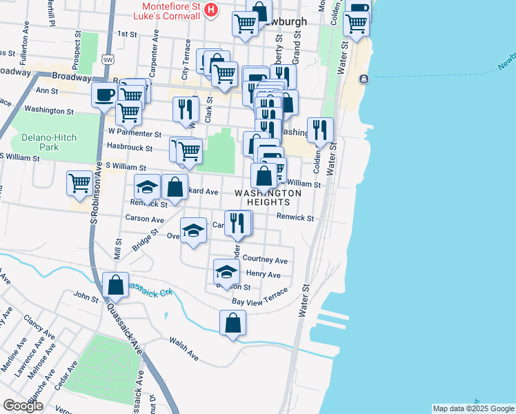 map of restaurants, bars, coffee shops, grocery stores, and more near 85 Renwick Street in Newburgh