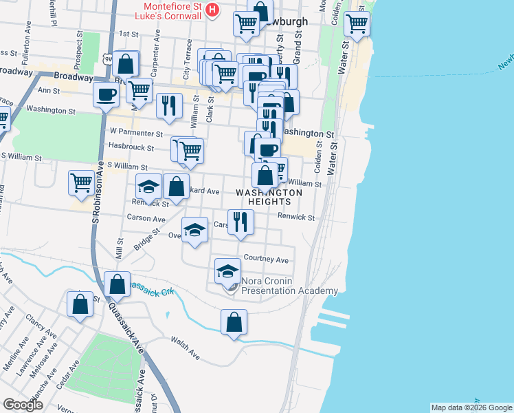 map of restaurants, bars, coffee shops, grocery stores, and more near 85 Renwick Street in Newburgh