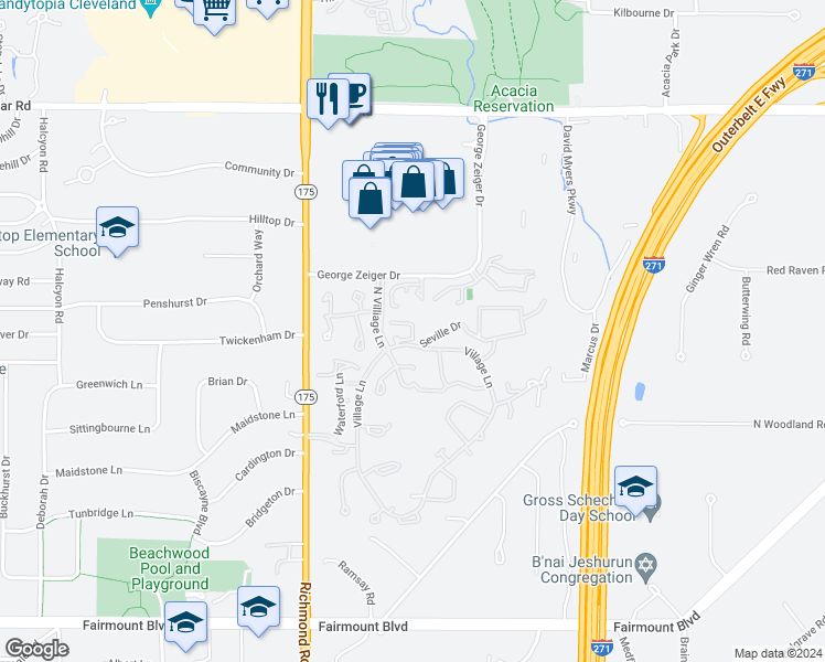 map of restaurants, bars, coffee shops, grocery stores, and more near 26205 Seville Drive in Beachwood