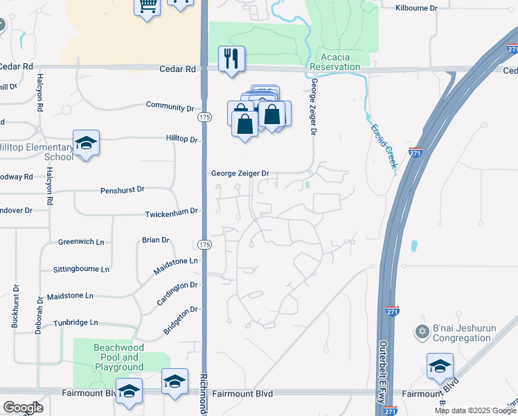 map of restaurants, bars, coffee shops, grocery stores, and more near 8 Dorset Court in Beachwood