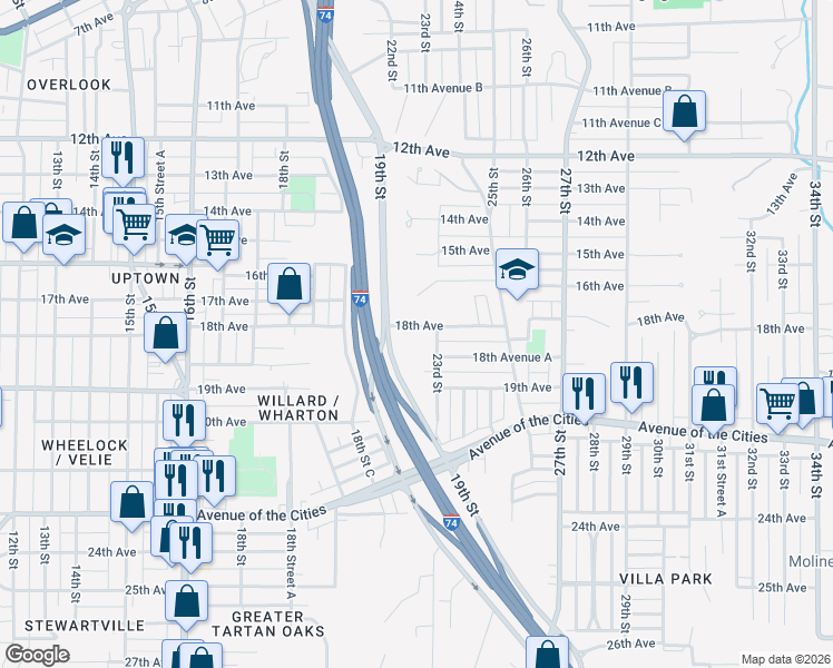 map of restaurants, bars, coffee shops, grocery stores, and more near 2104 18th Avenue in Moline