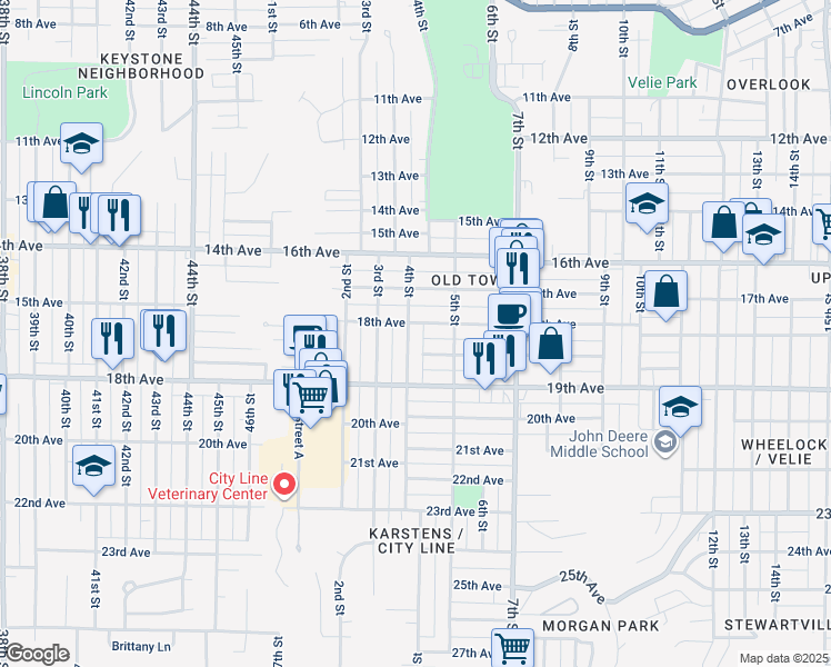 map of restaurants, bars, coffee shops, grocery stores, and more near 425 18th Avenue A in Moline