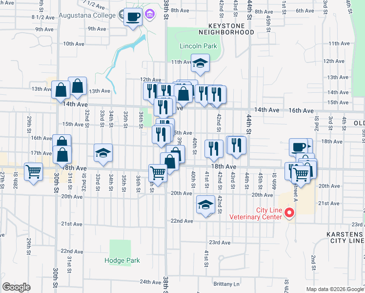 map of restaurants, bars, coffee shops, grocery stores, and more near 1541 39th St in Rock Island