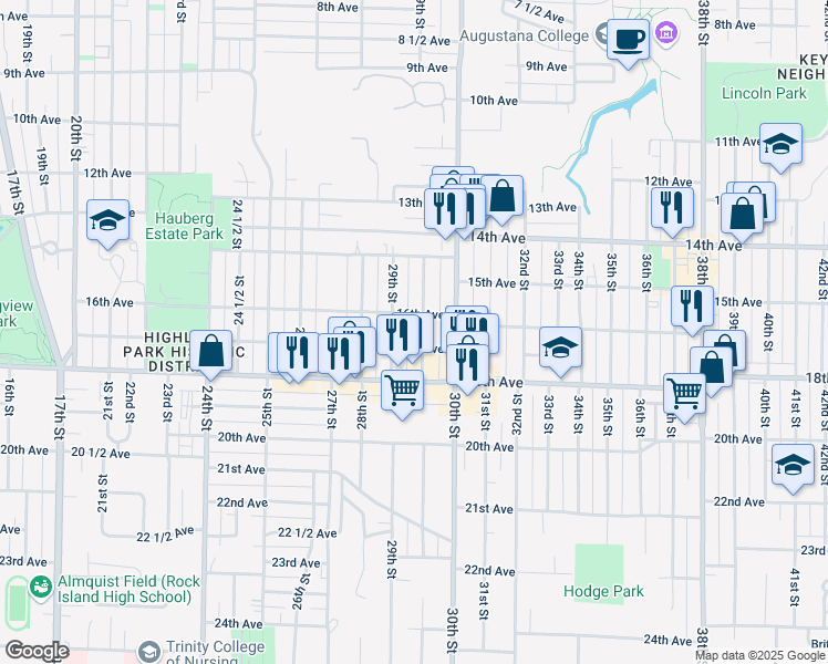 map of restaurants, bars, coffee shops, grocery stores, and more near 1620 29 1/2 Street in Rock Island