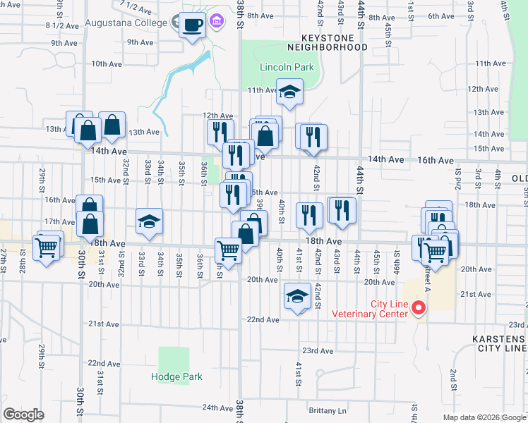 map of restaurants, bars, coffee shops, grocery stores, and more near 1541 39th St in Rock Island