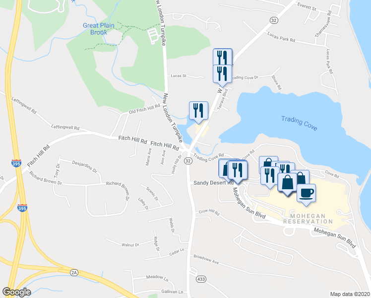 map of restaurants, bars, coffee shops, grocery stores, and more near 2 Fitch Hill Road in Montville