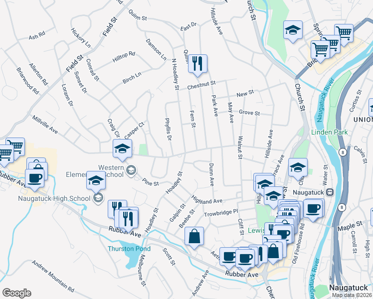 map of restaurants, bars, coffee shops, grocery stores, and more near 315 Millville Avenue in Naugatuck