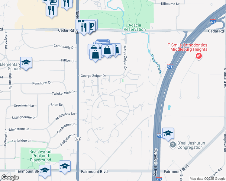 map of restaurants, bars, coffee shops, grocery stores, and more near 26205 Seville Drive in Beachwood