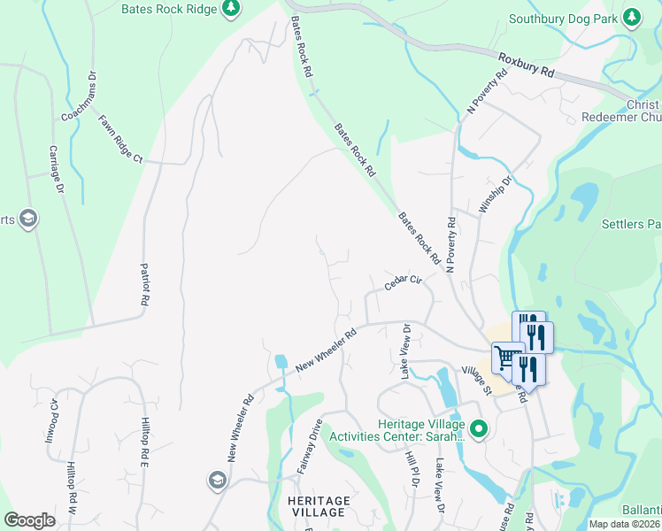 map of restaurants, bars, coffee shops, grocery stores, and more near 20 Heritage Circle in Southbury