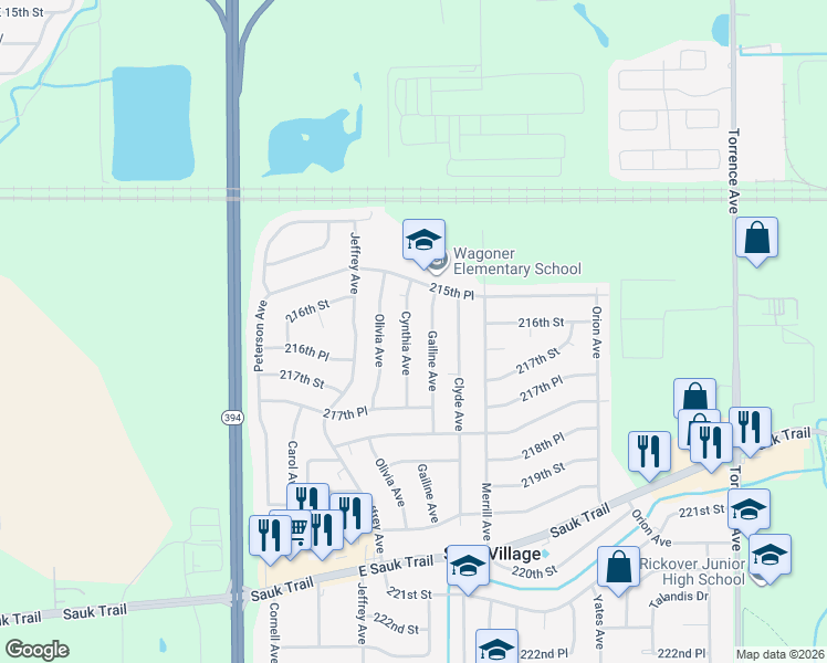 map of restaurants, bars, coffee shops, grocery stores, and more near 21625 Cynthia Avenue in Sauk Village