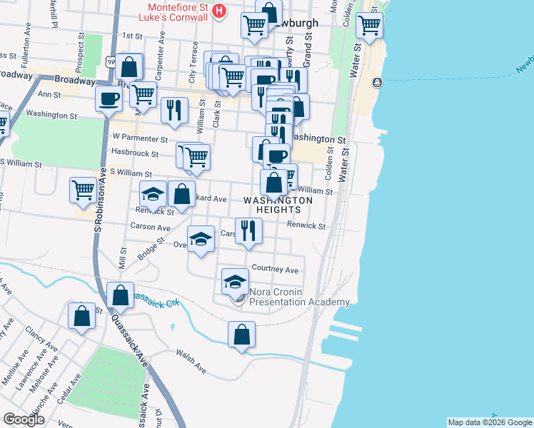 map of restaurants, bars, coffee shops, grocery stores, and more near 85 Renwick Street in Newburgh