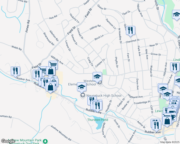 map of restaurants, bars, coffee shops, grocery stores, and more near 471 Millville Avenue in Naugatuck