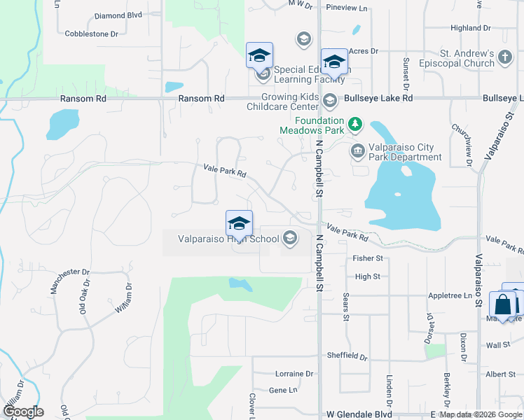 map of restaurants, bars, coffee shops, grocery stores, and more near 676 Forest Glen Drive in Valparaiso