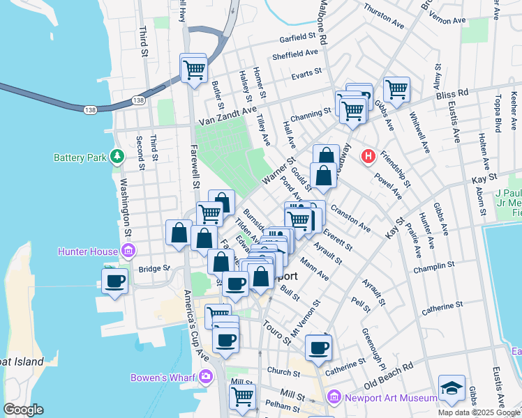 map of restaurants, bars, coffee shops, grocery stores, and more near 59 Burnside Avenue in Newport