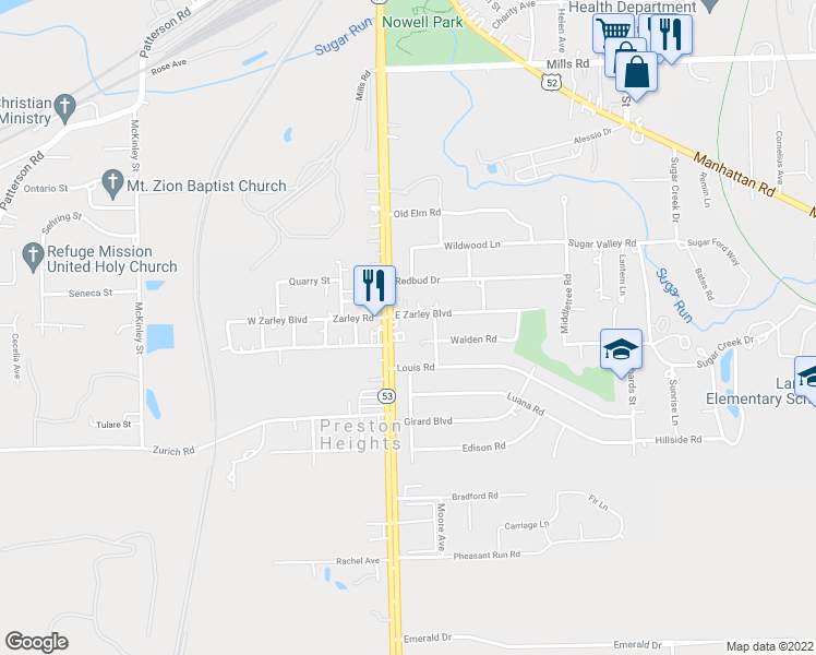 map of restaurants, bars, coffee shops, grocery stores, and more near 39 East Zarley Boulevard in Joliet