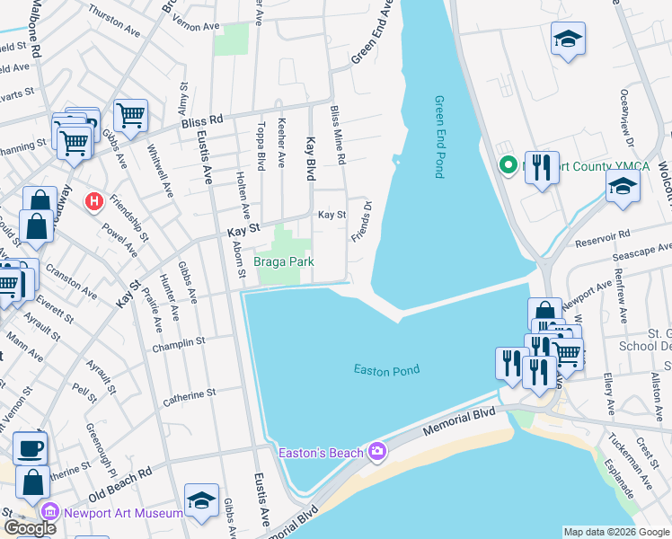 map of restaurants, bars, coffee shops, grocery stores, and more near 78 Ellery Road in Newport