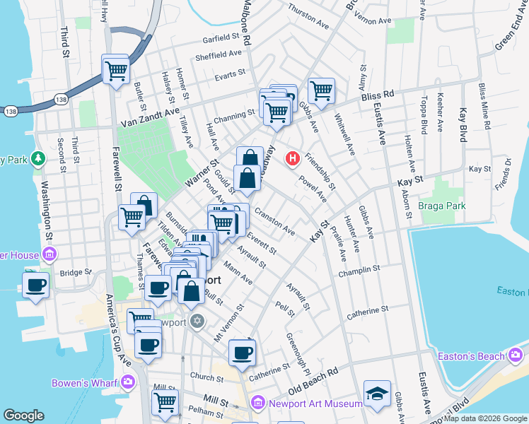 map of restaurants, bars, coffee shops, grocery stores, and more near 1 Bartlett Court in Newport