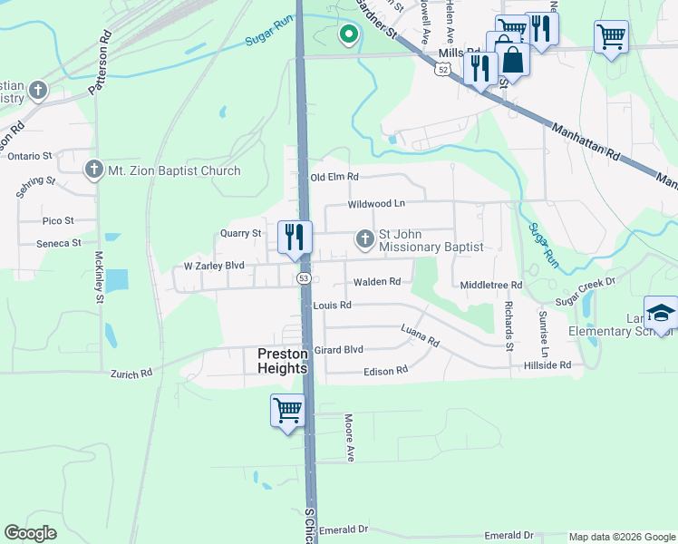 map of restaurants, bars, coffee shops, grocery stores, and more near 1603 Moore Avenue in Joliet