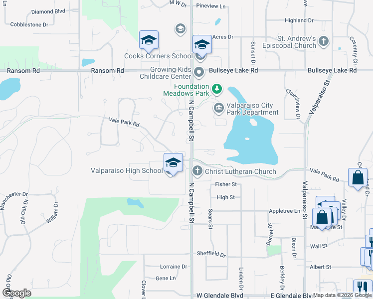 map of restaurants, bars, coffee shops, grocery stores, and more near 3020-3498 N Campbell St in Valparaiso