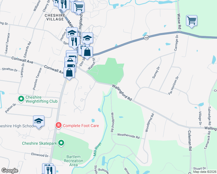map of restaurants, bars, coffee shops, grocery stores, and more near 121 Wallingford Road in Cheshire