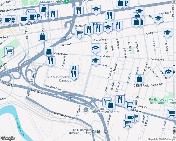 map of restaurants, bars, coffee shops, grocery stores, and more near 2390 East 30th Street in Cleveland