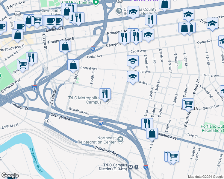 map of restaurants, bars, coffee shops, grocery stores, and more near 2715 Community College Ave in Cleveland