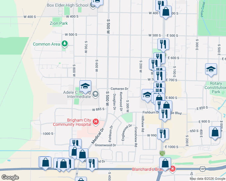 map of restaurants, bars, coffee shops, grocery stores, and more near 802 Douglas Drive in Brigham City