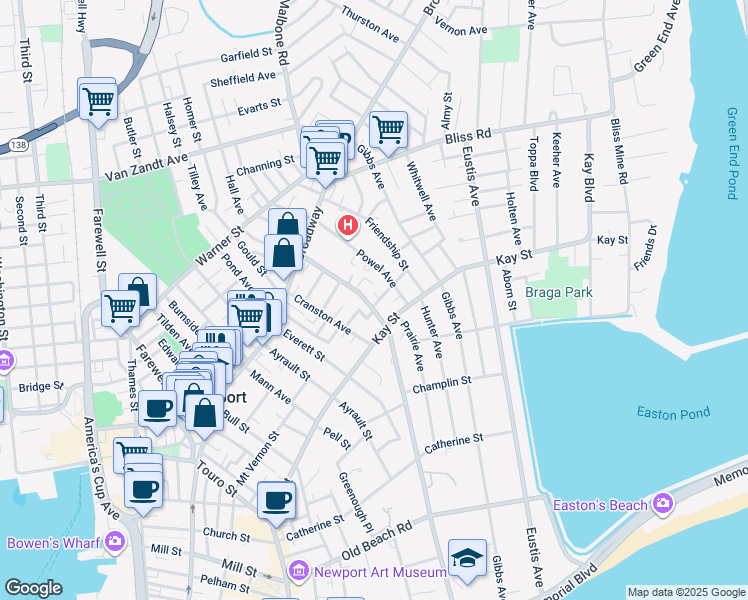 map of restaurants, bars, coffee shops, grocery stores, and more near 37 Rhode Island Avenue in Newport