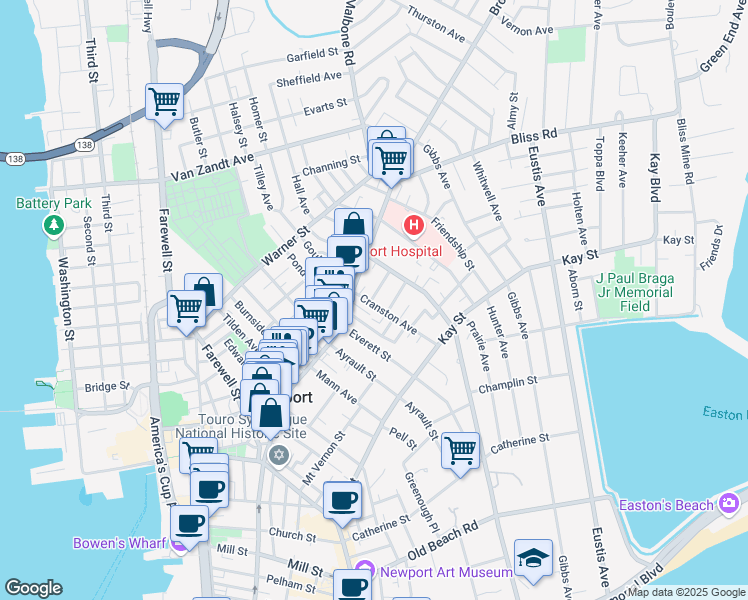 map of restaurants, bars, coffee shops, grocery stores, and more near 1 Bartlett Court in Newport