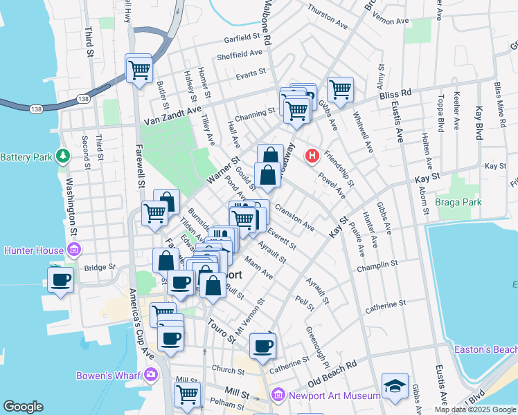 map of restaurants, bars, coffee shops, grocery stores, and more near 2 Pond Avenue in Newport