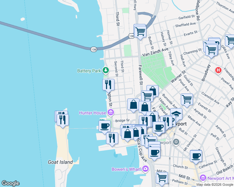 map of restaurants, bars, coffee shops, grocery stores, and more near 42 Walnut Street in Newport
