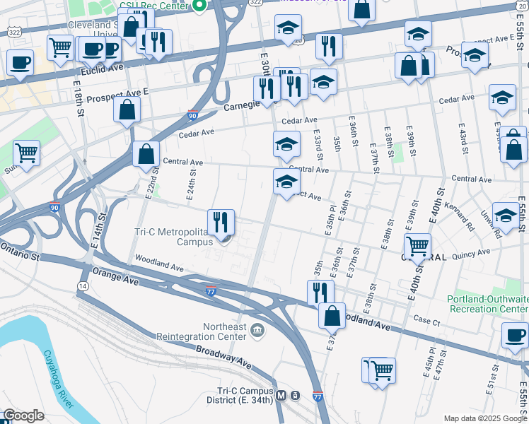 map of restaurants, bars, coffee shops, grocery stores, and more near 2921 Community College Avenue in Cleveland
