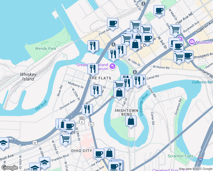 map of restaurants, bars, coffee shops, grocery stores, and more near 2019 Center Street in Cleveland