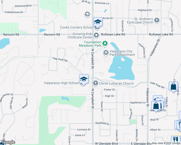map of restaurants, bars, coffee shops, grocery stores, and more near 3020-3498 N Campbell St in Valparaiso