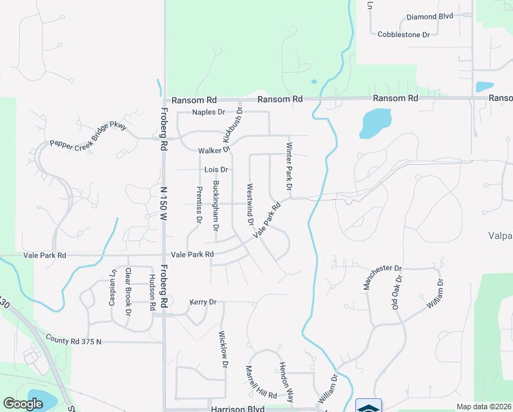 map of restaurants, bars, coffee shops, grocery stores, and more near Vale Park Road in Valparaiso