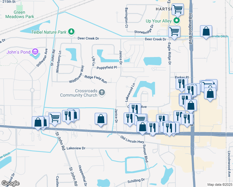 map of restaurants, bars, coffee shops, grocery stores, and more near 1773-1785 Janice Drive in Schererville