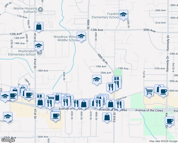 map of restaurants, bars, coffee shops, grocery stores, and more near 4702 20th Avenue in Moline