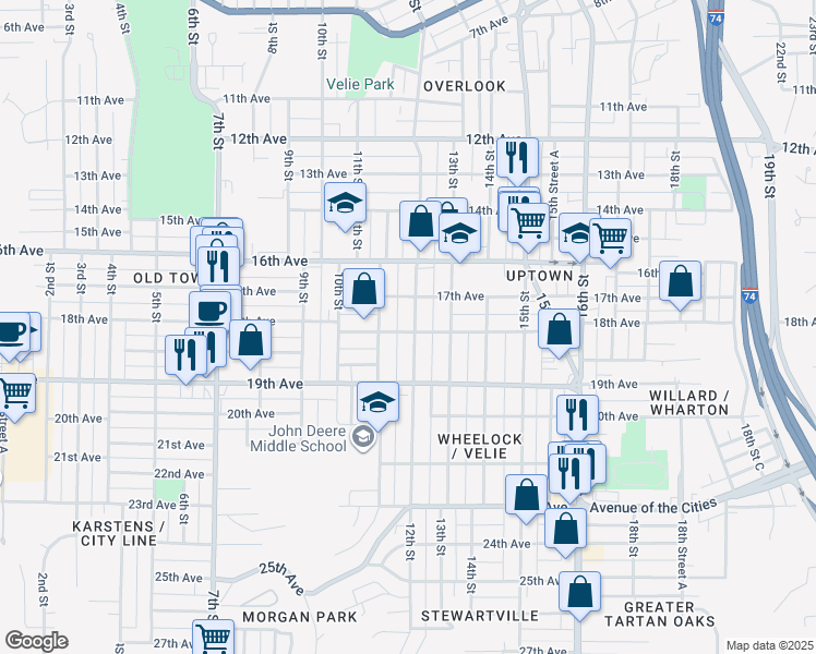 map of restaurants, bars, coffee shops, grocery stores, and more near 1120 18th Avenue in Moline